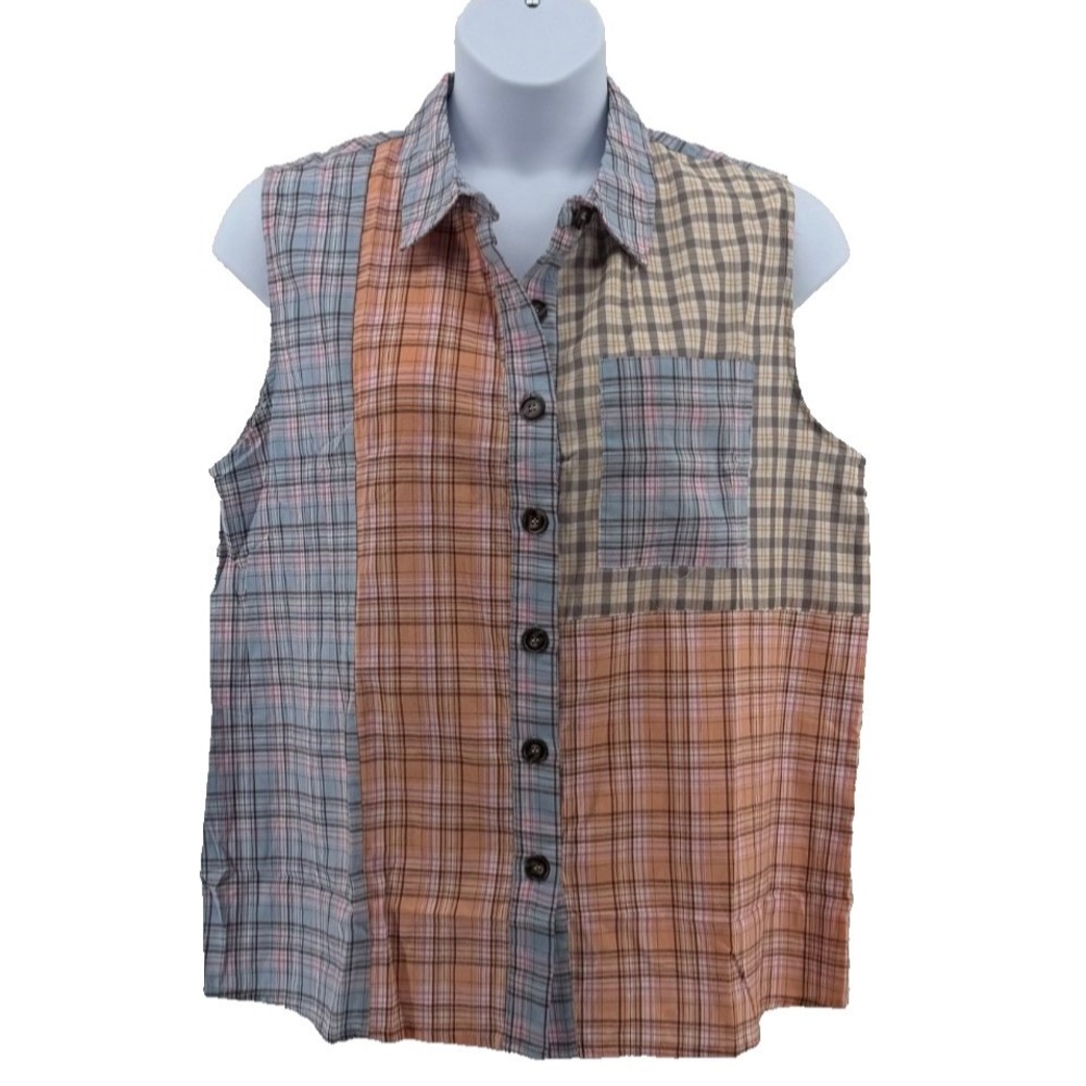 BiBi Plaid Patchwork Shirt Women XL Sleeveless Button Front Cottagecore NWT